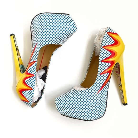 TAYLOR SAYS TALIA COMIC EXPLOSION blue white polka dot yellow red platform heels - Picture 5 of 14